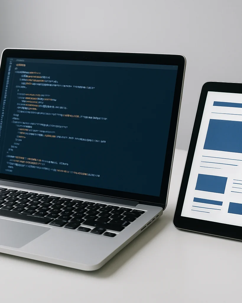 Editorial technology photography of a clean laptop screen displaying a structured website code layout beside a responsiv
